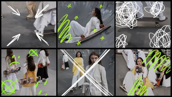 9个带有框架和手绘元素作品的拼贴场景PR模板下载 Hand-Drawn Collage Scenes