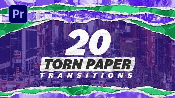 4K页面剥离翻页20个独特的撕纸转场过渡PR模板下载 Torn Paper Transitions