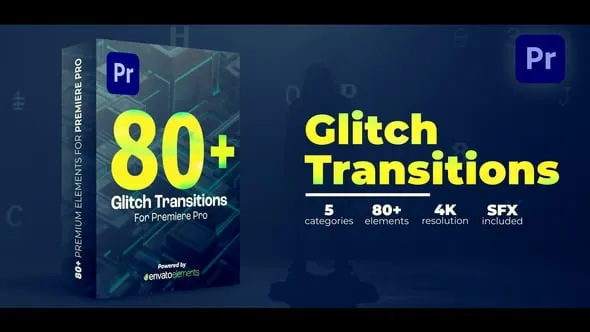 故障特效转场过渡动画PR模板 Glitch Transitions
