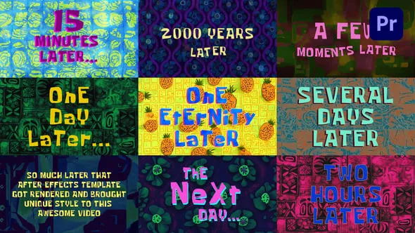 10个抖音常用海绵宝宝时间卡标题卡通背景PR模板 Cartoon Time Cards