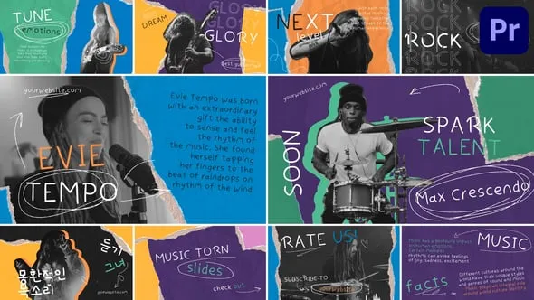 撕碎的彩色纸张纹理艺术涂鸦场景时尚音乐主题宣传视频PR模板下载 Music Torn Slides for Premiere Pro