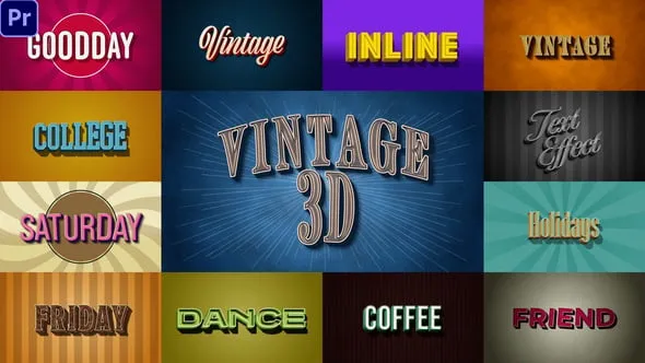 13个带有背景的3D复古标题挤压动画文本PR模板下载 3D Retro Vintage Titles
