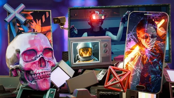 疯狂赛博朋克老旧电视头骨软盘霓虹灯开场片头视频-PR模板 Crazy Glitch Opener