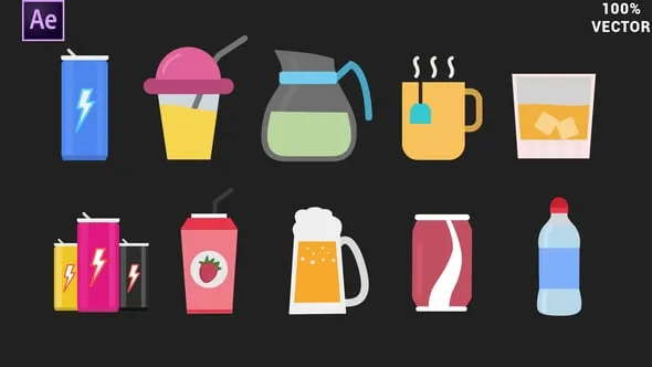 10个饮料动画图标能量饮料奶昔果汁茶水等AE模版 Drinks Animated Icons