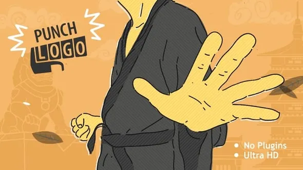 卡通武术艺术形象人物拳击揭示空手道武术文化电影表演LOGO片头AE模版 Punch Logo