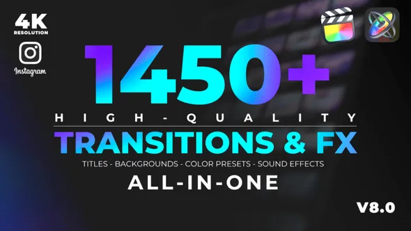 1450个拉伸旋转缩放图形水墨光效VHS故障分割转场特效调色标题动画FCPX插件 Unique Transitions & FX v8