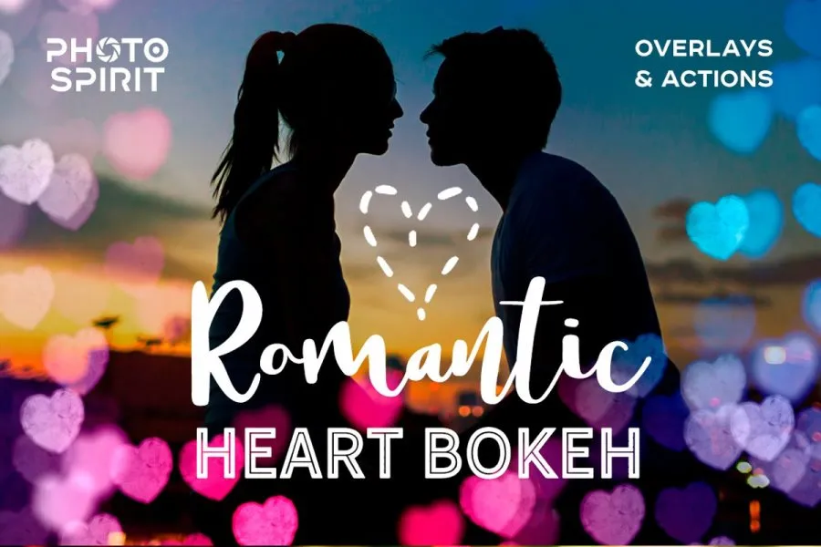 52张浪漫的心形散景光斑效果叠加图片素材+PS动作 Romantic Heart Bokeh Photo Overlays