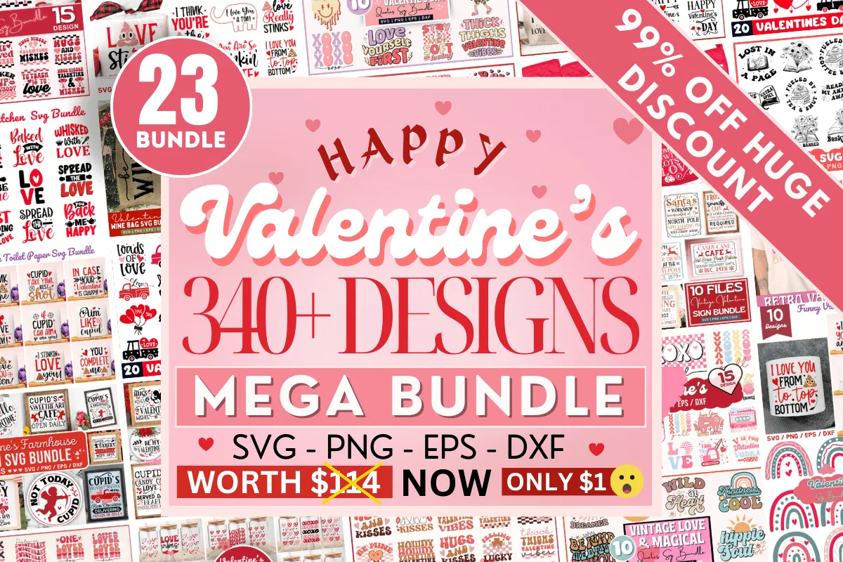 23套340+情人节艺术设计矢量花字图案徽标形状元素创意矢量素材 Valentines Day Mega SVG Bundle