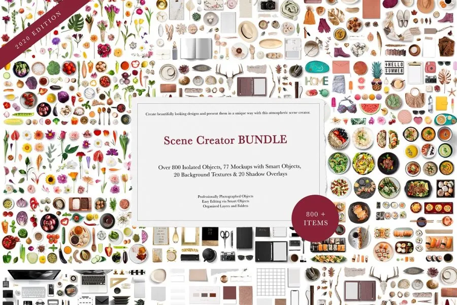 77款大气生活美食食材果蔬花卉电器预制模型场景PS样机 Scene Creator MEGA BUNDLE 2020