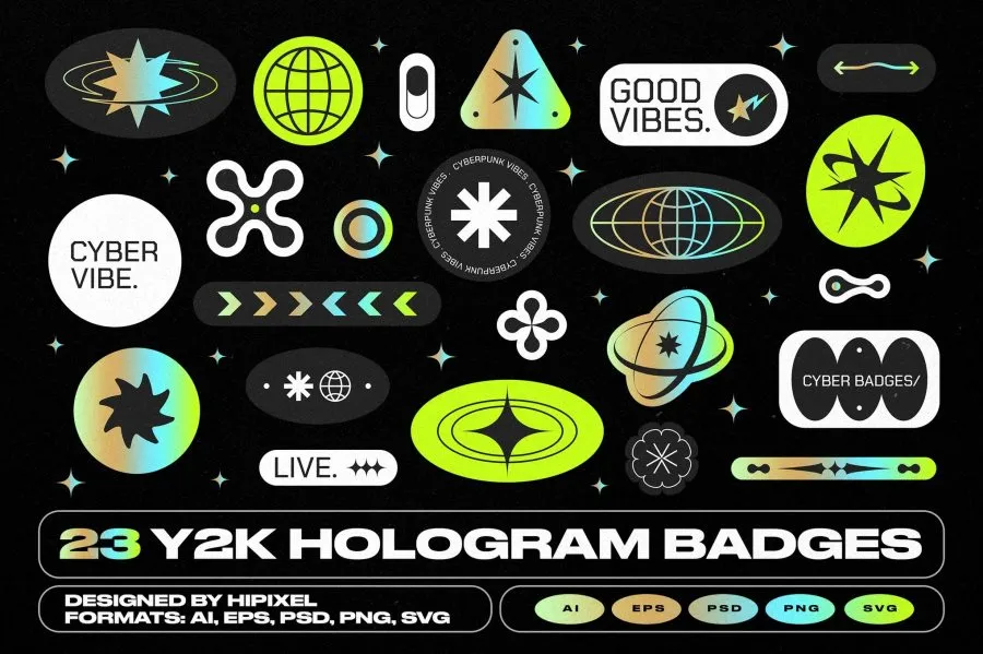 23款趣味复古Y2K全息徽标Logo贴纸图标AI设计矢量素材 Y2K Hologram Badge Stickers