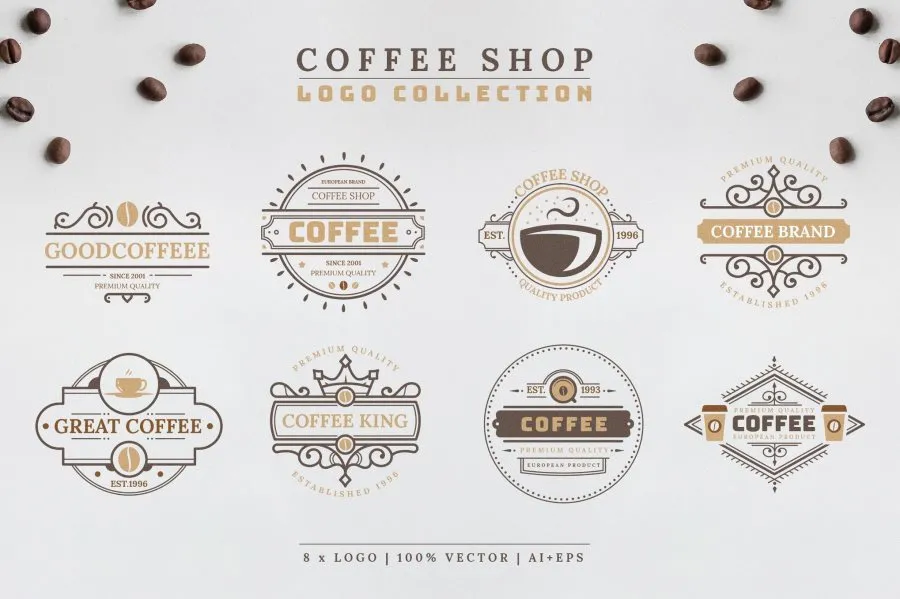 8个咖啡饮品奶茶品牌店面LOGO标志设计AI模板 Coffee Logo Collection