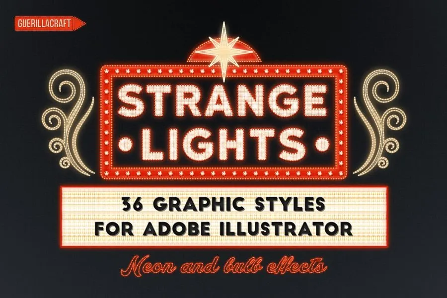 36种复古80年代拉斯维加斯夜景霓虹灯店招灯箱发光效果AI图形样式 Strange Lights by Guerillacraft