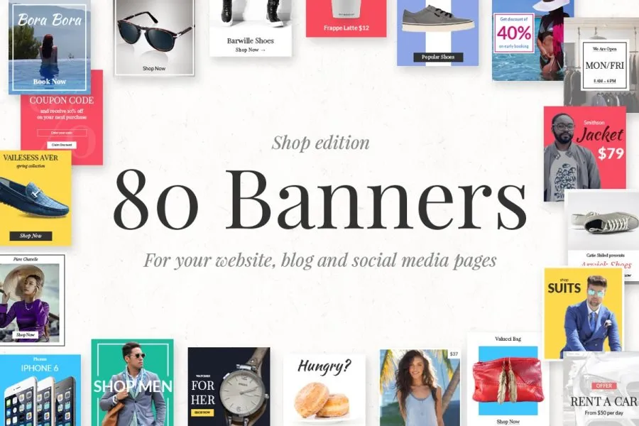80个简约流行社交媒体网站程序网店商城博客横幅广告宣传大图PSD模板 80 Banners – Shop Edition