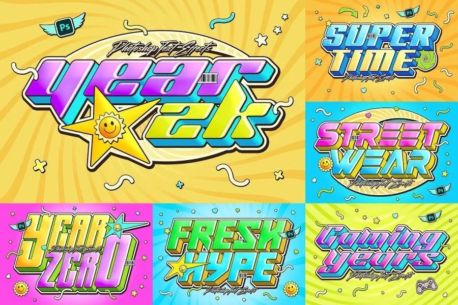 6个生动明亮复古Y2K美学2020年代设计文本效果PSD模板 Y2k Text Effects