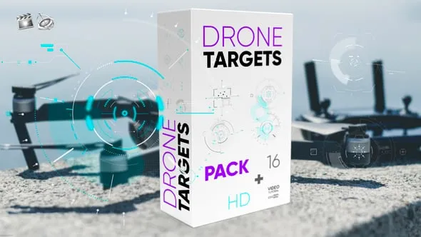 16种科技感赛博朋克无人机目标定位HUD元素动画FCPX插件 Drone Targets Pack 汉化中文版