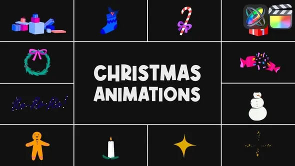 12个可爱卡通圣诞节装饰元素图形动画FCPX插件 Christmas Animations 汉化版