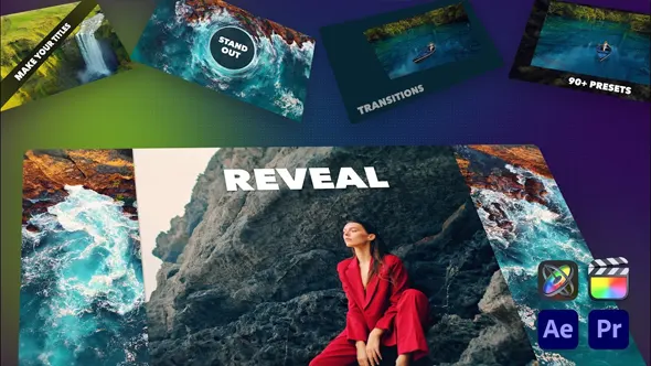 95个多功能图形遮罩镜头画面揭示图文排版转场动画FCPX/AE/PR插件 Reckon Reveal