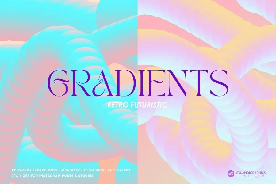 20款清新淡雅复古渐变抽象浮动元素扭曲图形背景设计图片素材 Retro Futuristic Gradient Background
