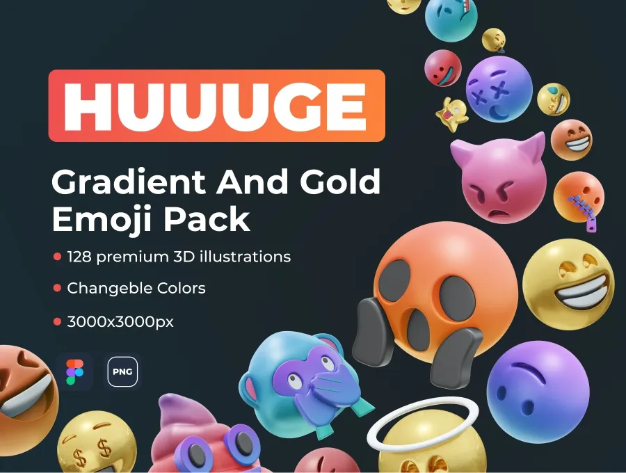 128个可爱搞怪3D渐变和金色Emoji趣味表情创意素材 HUUUGE Gradient And Gold Emoji 3D Pack