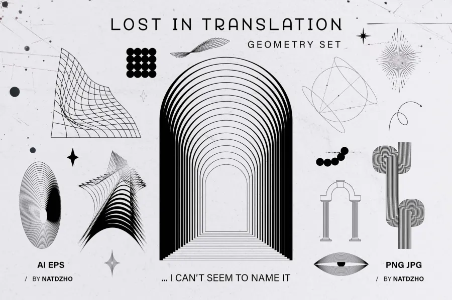 110款3D抽象艺术网格箭头底纹超现实主义几何图形矢量AI素材 Lost in Translation — Geometry Set