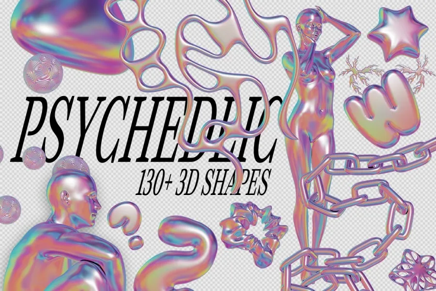 130+迷幻抽象蒸汽波普艺术渐变纹理3D几何数字概念图形插画海报设计PNG素材 Psychedelic – 130+ 3D Shapes