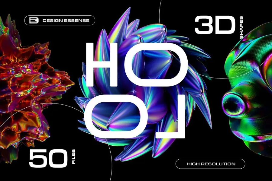 50款炫彩全息渐变立体3D抽象艺术设计概念图形PNG素材 50 Holographic 3D Abstract Shapes
