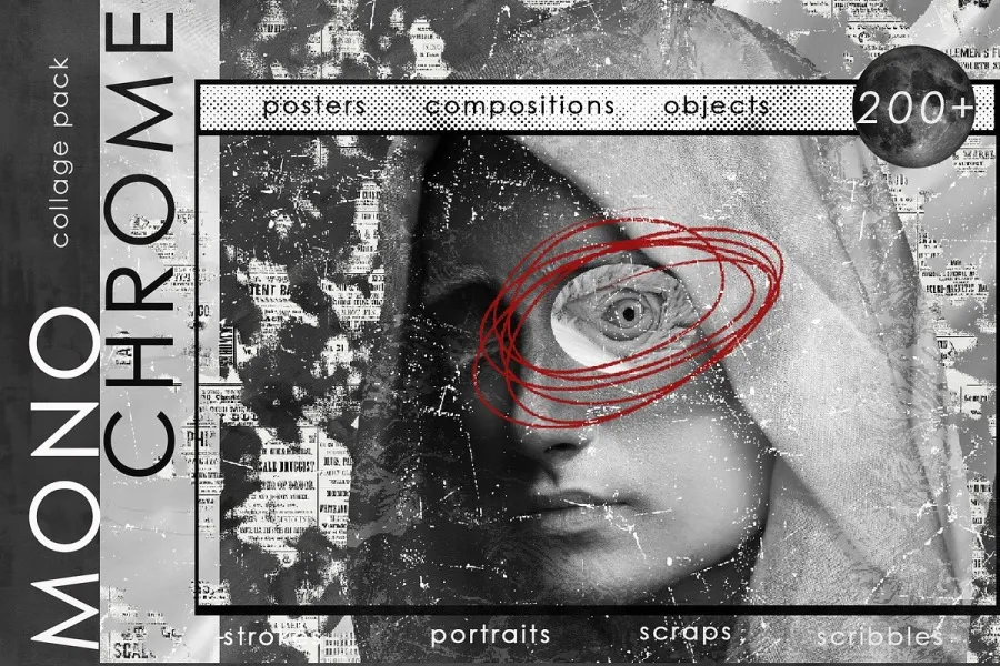 200+神秘复古废弃垃圾纸张海报剪贴画单色纹理涂鸦字符笔触反叛设计图片素材 MONOCHROME collage pack