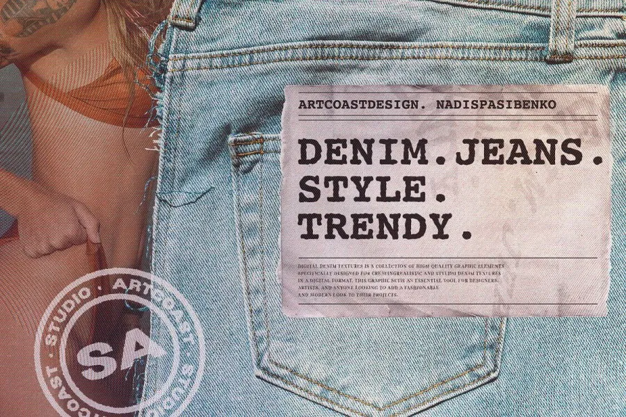 43个复古时尚牛仔裤帆布纹理毛边磨损图形元素设计素材 Jeans. Denim. Graphic Set