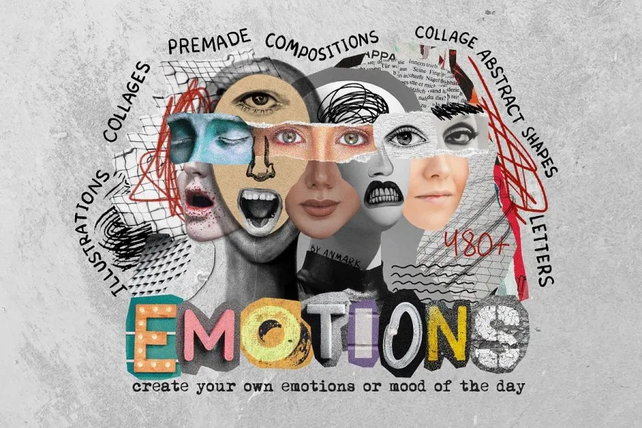 488个情绪视觉艺术表达复古拼贴画杂志插图创作字母图形元素PNG图片素材 Emotions. Collage & Illustrations