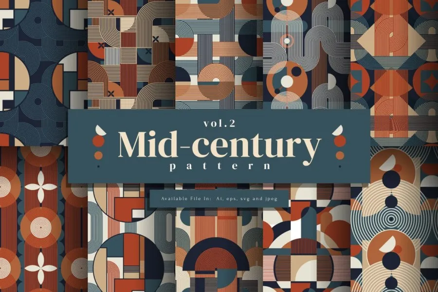 10款中世纪欧洲宫廷文化风格图形艺术设计插图无缝纹理图案矢量素材 Mid-century pattern Vol.2