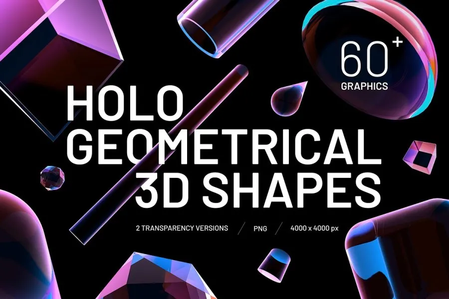 67款科幻赛博透明渐变全息3D立体几何抽象艺术图形元素PNG素材 Holo Geometrical 3D Shapes Collection