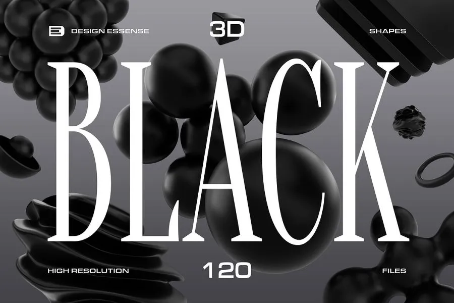 120款黑色3D立体抽象扭曲不规则几何图形PNG创意素材 3D Black Shapes Collection
