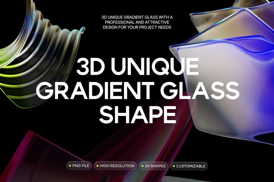 25款独特创意3D渐变玻璃图形艺术设计PNG图片素材 3D Unique Gradient Glass Shapes