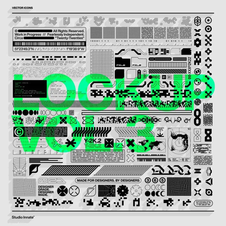 180个科幻工业抽象网格矩阵条码几何图形海报排版AI矢量元素 Studio Innate – Lockup Vector Pack Vol.3