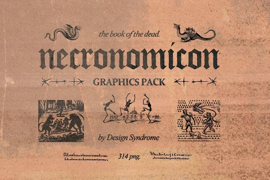 300+死灵之书神秘魔法黑暗世界怪兽异形生物狼人恶魔女巫骷髅吸血鬼图形符号PNG素材 Design Syndrome – Necronomicon Graphics Pack