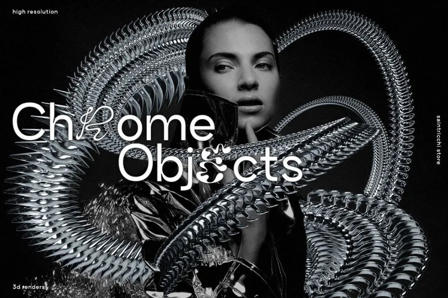 59个创意抽象螺旋扭曲镀铬金属反光纹理3D图形PNG设计素材 Chrome Elements – 3D Abstract Shapes