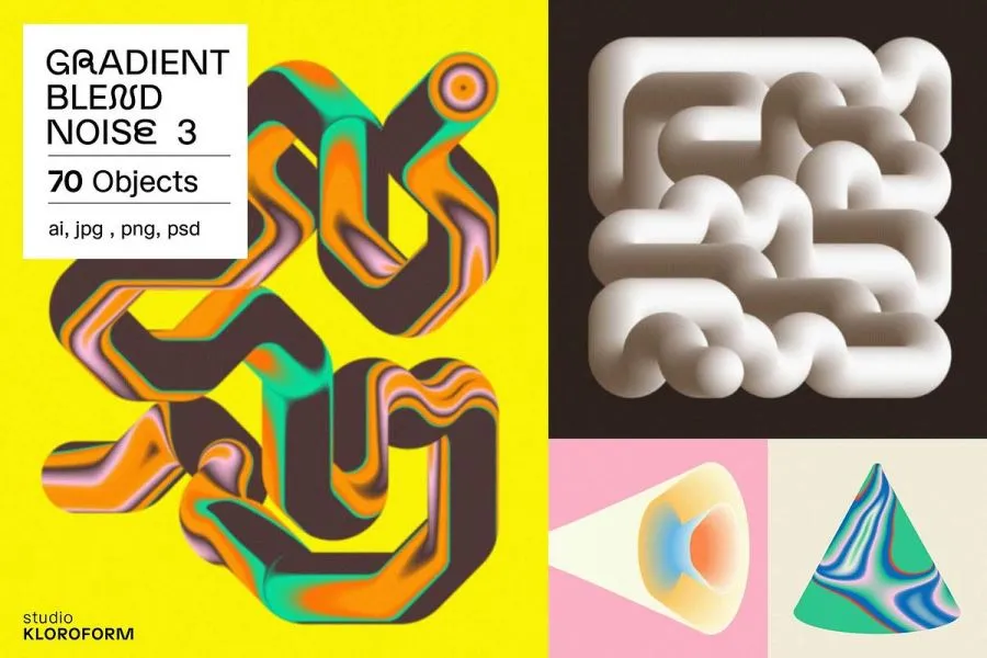 70款潮流创意怪诞抽象迷幻渐变立体几何图形艺术海报设计ai素材 Gradient Blend Noise 3